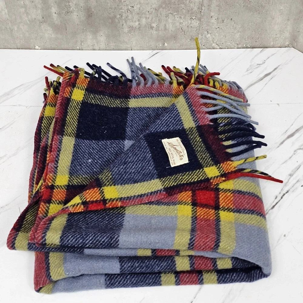 Vintage 60s Jayvee‎ Sportster Wool Blanket Plaid Throw Fringe Camp Cabin 54x58